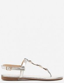 Srebrne Płaskie sandały z Ekoskóry Zapinane na Sprzączkę z Ozdobnymi Aplikacjami Viruna Renee damskie