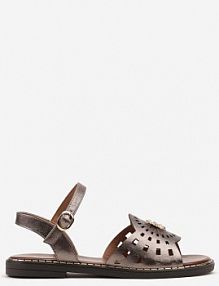 Srebrno-Brązowe sandały na Płaskiej Podeszwie z Ażurowym Zdobieniem i Cyrkoniami Zapinane Wokół Kostki Adielle Renee damskie