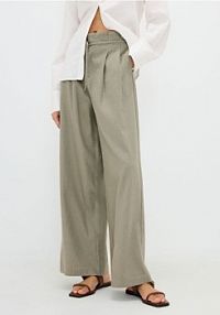 Szerokie spodnie z zakładkami i lnem Reserved zielone damskie 034AI-07X