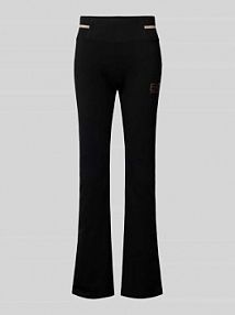 Spodnie materiałowe z poszerzaną nogawką i nadrukiem z logo model TRAIN CORE LADY EA7 Emporio Armani czarne damskie EAN BOOTCUT GOLD LOG