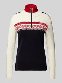 Sweter z norweskim wzorem i kołnierzem zapinanym model Dystingen Dale of Norway czarny damski EAN Troyer Bordüre T