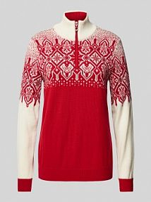 Sweter z norweskim wzorem i kołnierzem zapinanym model Winterland Dale of Norway czerwony damski EAN Troyer Winterwon