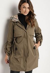 Ciemnozielona kurtka Parka z Podpinanymi Rękawami i Kapturem ze Wstawkami w Kratę Kaithna bh forever damska