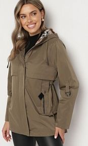 Ciemnozielona kurtka Parka z Kapturem i Kieszeniami z Możliwością Ściągnięcia w Talii Kailisse bh forever damska
