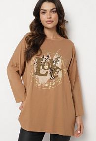 Jasnobrązowa bluzka Bawełniana Oversize z Nadrukiem i Cyrkoniami Reriola Born2Be damska