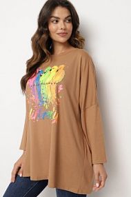Brązowa bluzka Oversize z Bawełny z Kolorowym Nadrukiem i Brokatem Tailine Born2Be damska