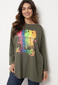 Zielona bluzka Oversize z Bawełny z Kolorowym Nadrukiem i Brokatem Tailine Born2Be damska