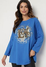 Niebieska bluzka Bawełniana Oversize z Nadrukiem i Cyrkoniami Reriola Born2Be damska