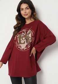 Bordowa bluzka Bawełniana Oversize z Nadrukiem i Cyrkoniami Reriola Born2Be damska