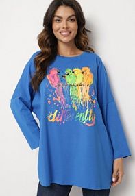 Niebieska bluzka Oversize z Bawełny z Kolorowym Nadrukiem i Brokatem Tailine Born2Be damska