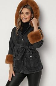 Czarna Jeansowa kurtka z Kapturem i Paskiem oraz Futerkiem na Napy Tarasima Born2Be damska