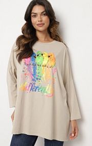 Beżowa bluzka Oversize z Bawełny z Kolorowym Nadrukiem i Brokatem Tailine Born2Be damska