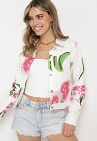 Jasnobeżowa Bawełniana kurtka Jeansowa ze Wzorem w Kwiaty Adireda sophyline damska