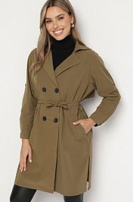 Ciemnozielony Dwurzędowy płaszcz z Bawełną i Regulowanymi Rękawami Ściągany z Tyłu Paskiem Mevalina Born2Be damski