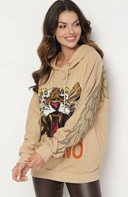 Beżowa Bawełniana bluza z kapturem Nadrukiem Tygrysa i Cyrkoniami Eriviera Born2Be damska