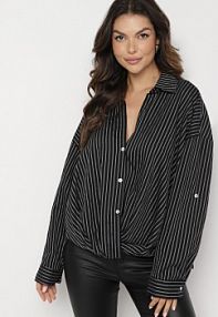Czarna koszula z Bawełną w Paski z Przeplatanym Dołem Merinewe Born2Be damska