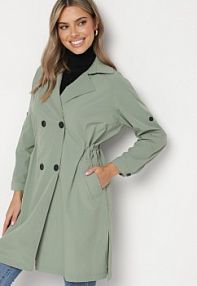 Jasnozielony Dwurzędowy płaszcz z Bawełną i Regulowanymi Rękawami Ściągany z Tyłu Paskiem Mevalina Born2Be damski