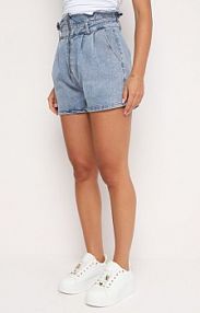 Niebieskie Bawełniane jeansowe szorty z Wysokim Stanem i Ozdobnymi Przeszyciami Lerceria Born2Be