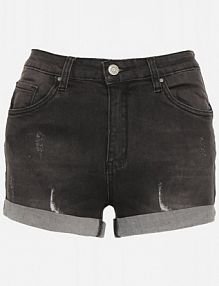 Czarne jeansowe szorty Push Up z Wysokim Stanem Wiskozą i Bawełną Ozdobione Przetarciami Derisea Born2Be