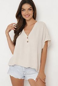 Beżowa bluzka z Dodatkiem Wiskozy z Ażurowymi Wstawkami i Guzikami przy Dekolcie Wimari Born2Be damska