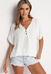 Biała bluzka z Dodatkiem Wiskozy z Ażurowymi Wstawkami i Guzikami przy Dekolcie Wimari Born2Be damska