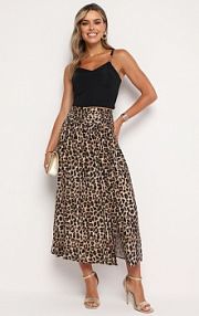 Beżowa Wiskozowa spódnica z Wysokim Stanem i Gumką w Talii w Panterkę Vimalore belcci
