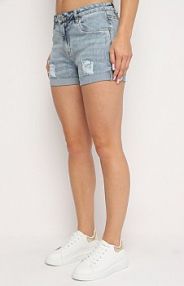 Niebieskie jeansowe Bawełniane szorty z Wysokim Stanem Ozdobione Przetarciami Nellasia Born2Be