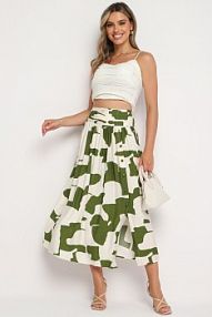 Zielono-Beżowa spódnica z Wysokim Stanem i Gumką w Pasie Zapinana na Guziki Tinnavia belcci