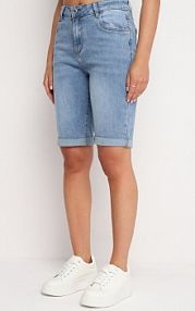 Niebieskie jeansowe szorty z Wysokim Stanem i Bawełną Ozdobione Przetarciami Nelixa Born2Be