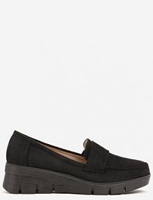 Czarne półbuty Mokasyny na Koturnie z Wkładką ze Skóry Naturalnej Ozdobione Paskiem Zorvia vices damskie