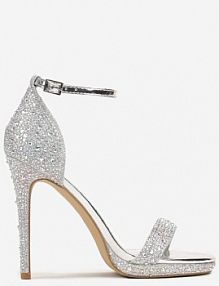 Srebrne Klasyczne sandały na obcasie z Paseczkiem wokół Kostki Ozdobione Cyrkoniami i Brokatem Ezilya Renee