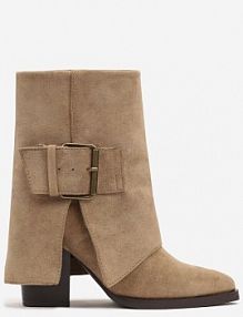 Ciemnobeżowe Botki kowbojki na Słupku Ozdobione Wywiniętą Cholewką Ansinae Renee