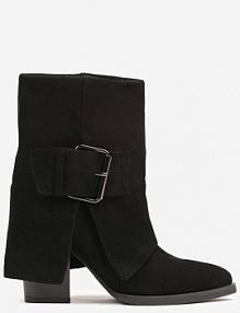 Czarne Botki kowbojki na Słupku Ozdobione Wywiniętą Cholewką Ansinae Renee