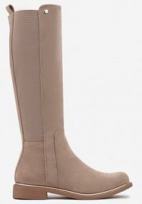 Beżowe kozaki z Ekozamszu na Płaskiej Podeszwie w Stylu Oficerek z Gumką Ansista Renee damskie