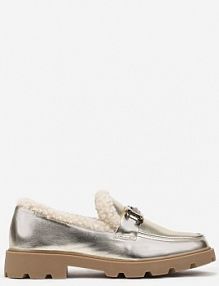 Złote mokasyny na Płaskiej Podeszwie ze Sztucznym Futerkiem i Metaliczną Klamrą Lerilisse Renee damskie