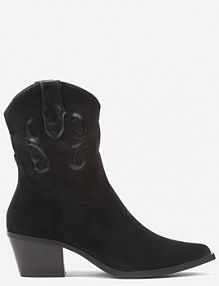 Czarne Botki kowbojki na Słupku z Tłoczonym Haftem Iriliane Renee