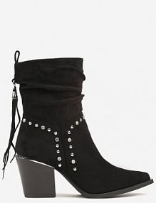 Czarne Botki kowbojki na Stożku Ozdobione Cyrkoniami i Frędzlami w Stylu Boho Lerilani Renee