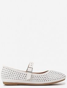 Białe Balerinki na Płaskiej Podeszwie w Stylu Mary Jane z Cyrkoniami i Ozdobnym Paskiem Ivilra Renee