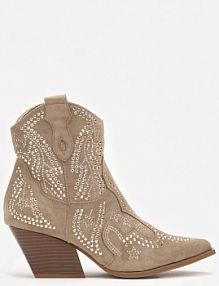 Ciemnobeżowe kowbojki Botki z Cyrkoniami na Stożkowym Słupku Mevaela Renee