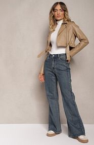 Granatowe Bawełniane Jeansowe spodnie o Kroju Dzwonów High Waist Evirae Renee damskie