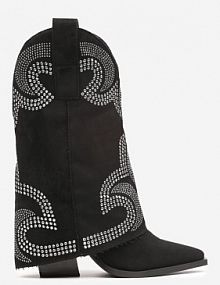 Czarne Botki kowbojki na Słupku Wykończone Wywiniętą Nogawką z Cyrkoniami Evisya Renee