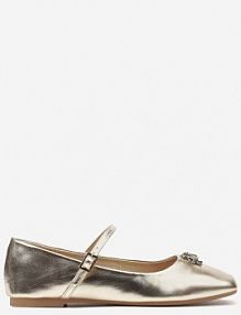 Złote Balerinki na Płaskiej Podeszwie Wykończone z Przodu Metaliczną Aplikacją Eviane Renee