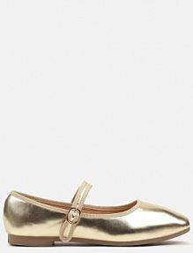 Złote Balerinki na Płaskiej Podeszwie Wykończone Kwadratowym Noskiem i Paskiem Vliora Renee