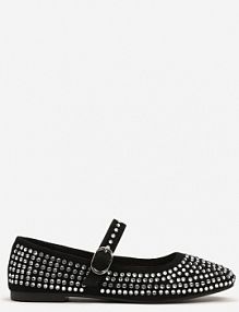Czarne Balerinki na Płaskiej Podeszwie Ozdobione Cyrkoniami i Regulowanym Paskem Nenivia Renee