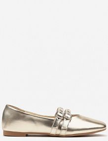Złote Balerinki na Płaskiej Podeszwie Ozdobione Paskami z Regulacją Moradea Renee
