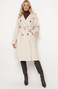Beżowy płaszcz Trencz o Klasycznym Dwurzędowym Kroju z Paskiem Edrisella belcci damski
