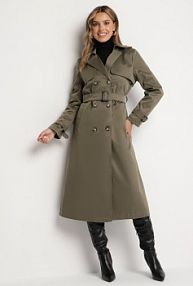 Zielony płaszcz Trencz Dwurzędowy Ozdobiony Paskiemz Klamrą Tinbella Born2Be damski
