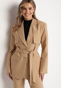 Beżowa Jednorzędowa Marynarka z Kieszeniami i Wiązanym Paskiem Inellora jus de pom