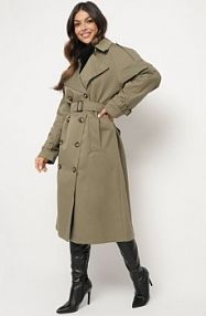 Zielony Dwurzędowy płaszcz Trencz o Oversizowym Kroju z Paskiem Inathara Born2Be damski