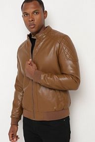 Ciemnobrązowa ramoneska Kurtka w Stylu Motocyklowym ze Stójką Tinina Born2Be